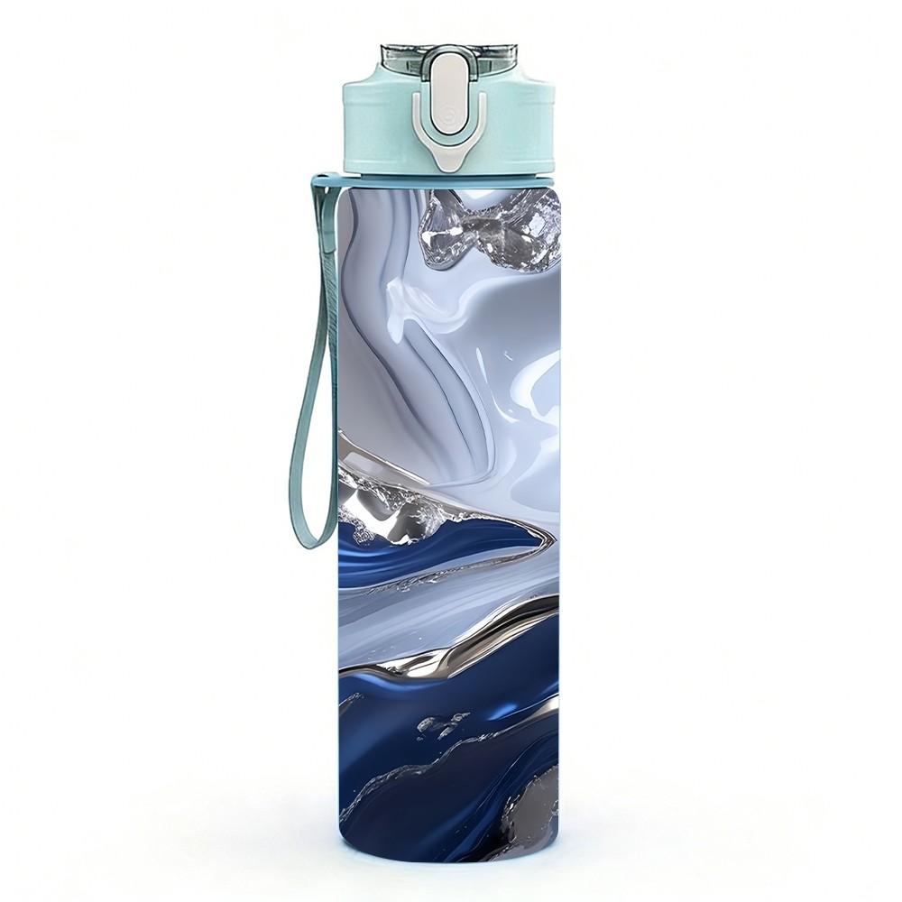 1PC Dark Blue Fluid Marble Pattern 750ml Color Plastic Sports Water Bottle Leakproof Flip Straw Lid Suitable for Sports Office Home Use