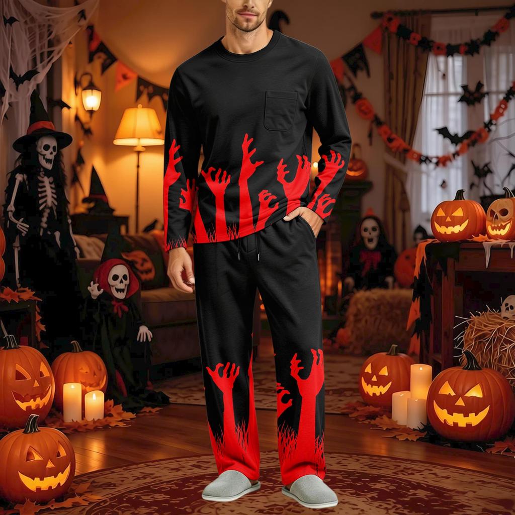 Men's Halloween Pajama Set Long Sleeve with Button Crotch and Elastic Waist Drawstring for Holiday Sleepwear