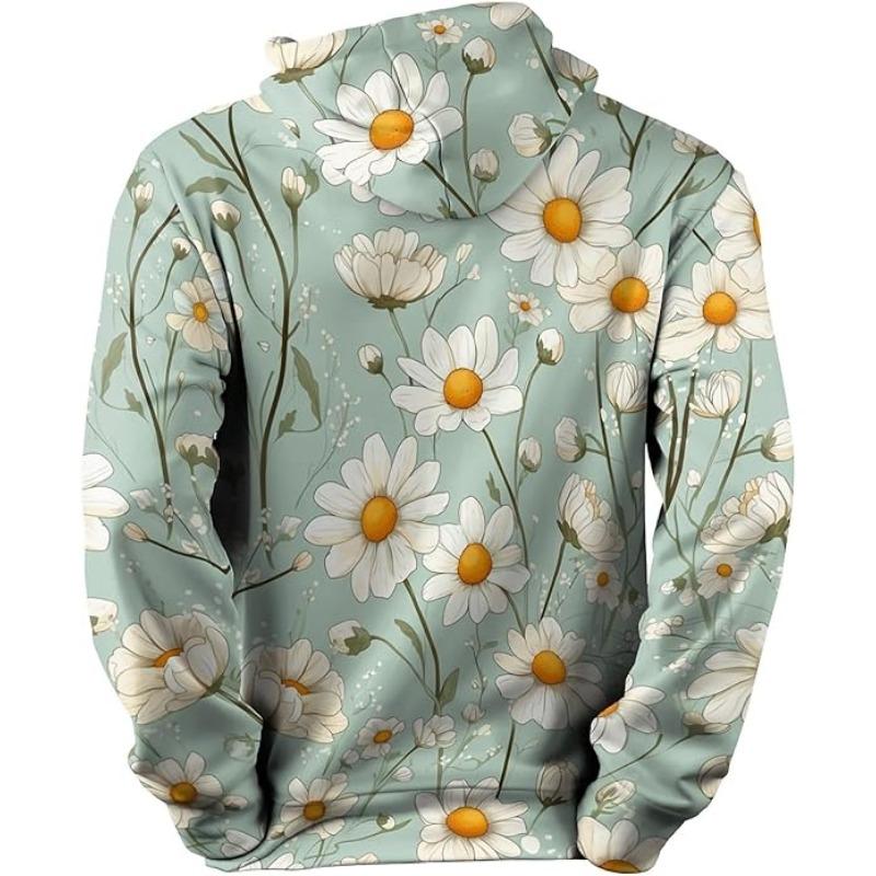 Hoodie with Long Sleeves, 3D Printed White Daisy Pattern Sweatshirt with Pockets Sportswear