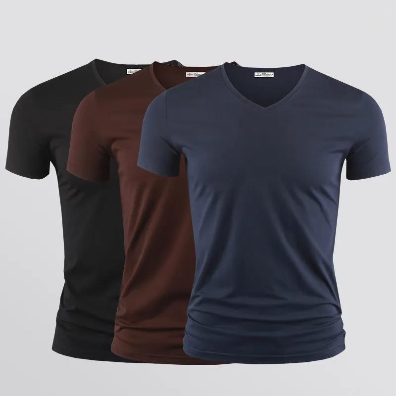 3 шт. футболка из модала, тонкая рубашка, однотонная повседневная тонкая футболка с v-образным вырезом и коротким рукавом, крутой пуловер из ледяного шелка, мужская одежда, летняя одежда XXL