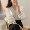 Chic Temperament Lace V-neck Patchwork Ruffled White Shirt Women Loose Casual Puff Sleeve Blouse Women Tops Elegant Vintage Slim Ladies Blouses 25976