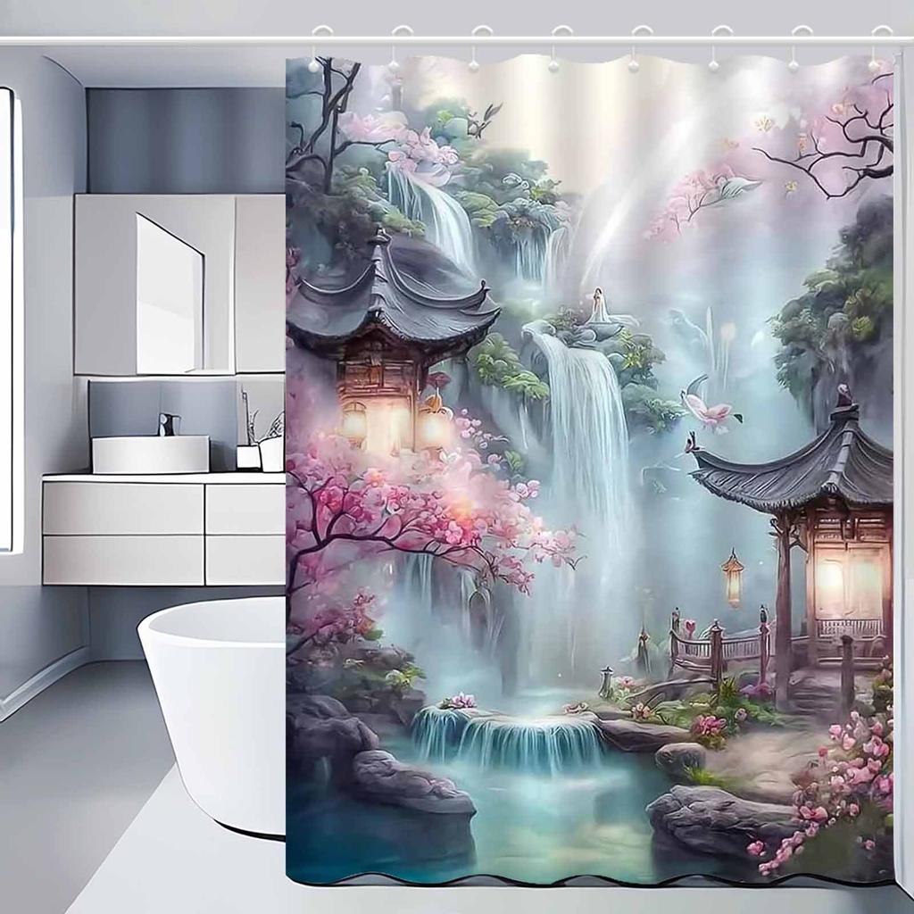 Universal Fit Shower Curtain With Hooks Set For Bathroom Decor And Water Control