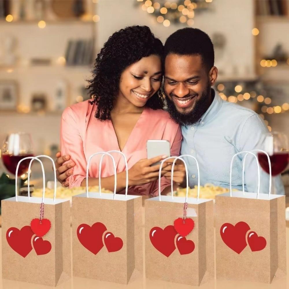 10/12pcs Red Heart Kraft Kraft Paper Gift Bags Handheld Candy Packaging Bag Wedding Party