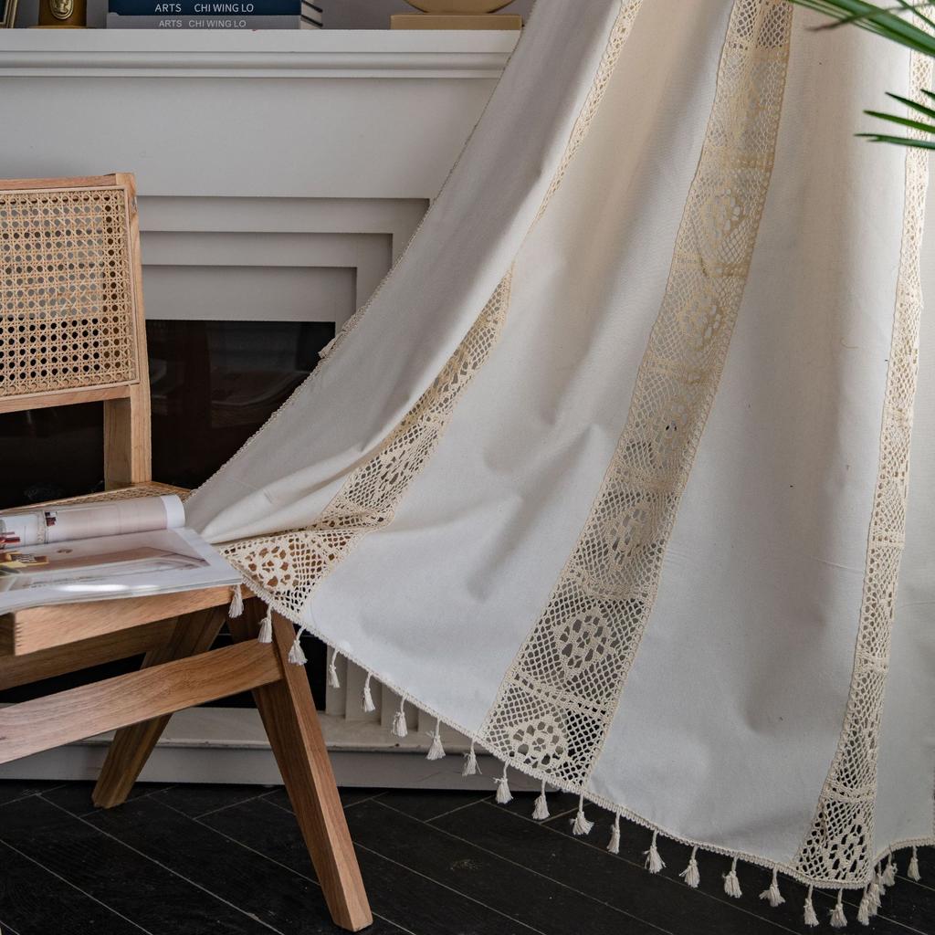 Curtain Lanju Finished Product Printed Hollow Splicing American Kitchen Semi Blackout Curtain Tassel