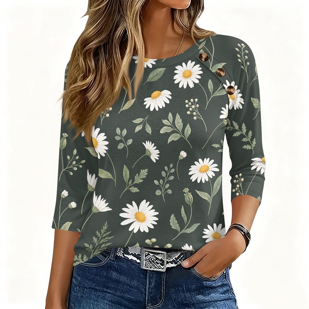 Women 3/4 Sleeve Crew Neck Button Decor Top Floral Pattern Casual Loose Fit Soft Fabric Pullover Shirt for Daily Wear