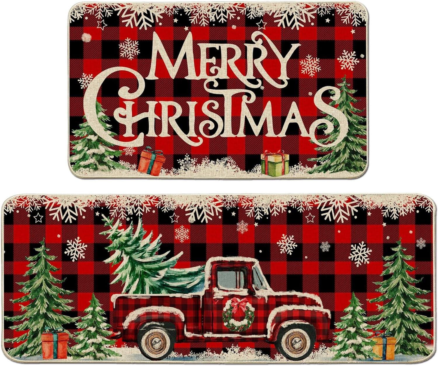 

Christmas Kitchen Mats for Floor, Christmas Kitchen Rugs Set of 2 - Farmhouse Truck Red Buffalo Plaid Christmas Kitchen Decor 40x60 40x120cm
