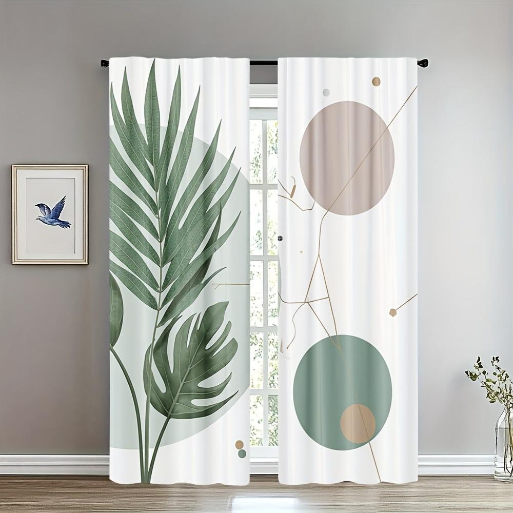 2Pc Tropical Leaf Art Simple Pattern Curtains, Polyester Fabric, Machine Washable, Suitable For Bedroom Living Room Decoration