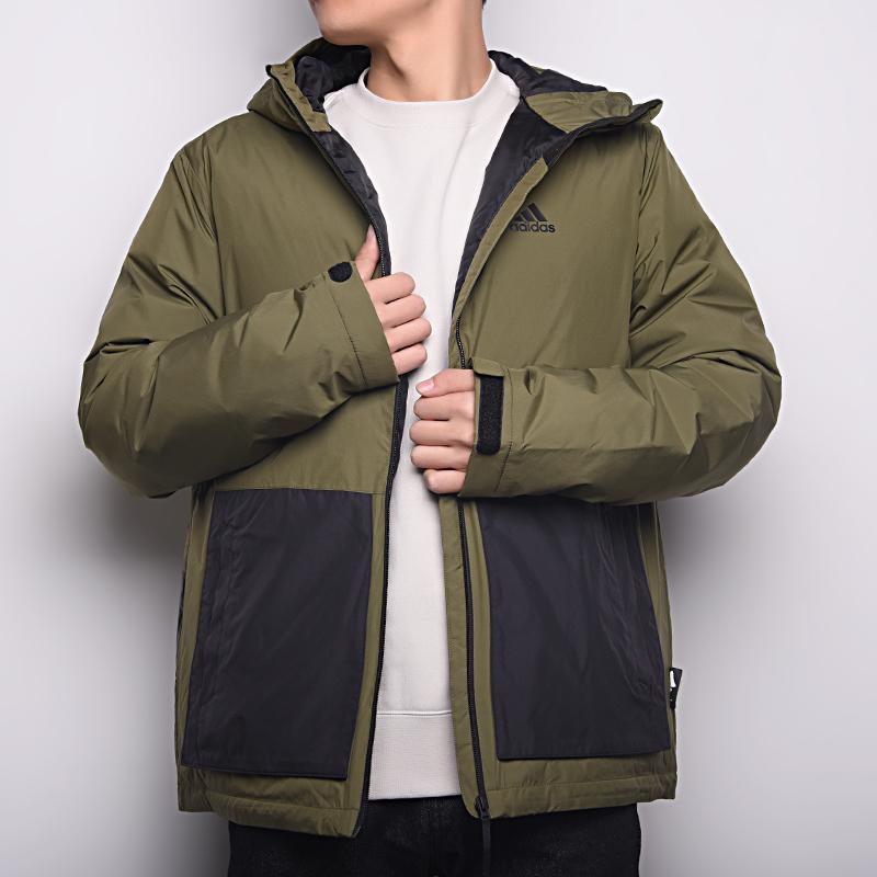 Adidas Colorblock Logo Print Hooded Down Jacket Men Outerwear Army-Green H23085