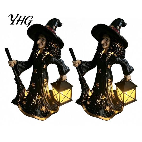 Collectible Witch Figurine 2Pcs Halloween Night Lamp, Holding Lantern with Resin Statue LED, Glowing for Tabletop Decor Home