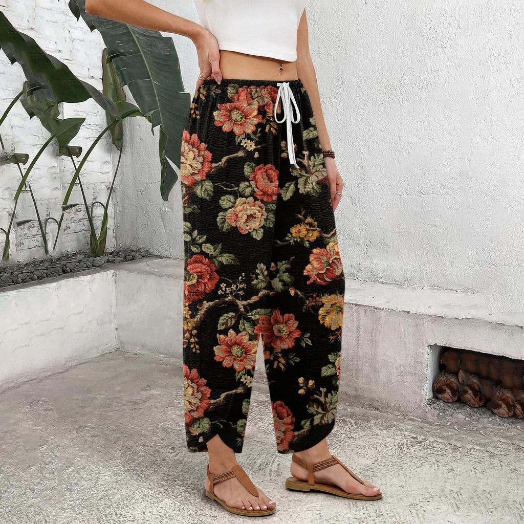 Women's Casual Straight Leg Wide Leg Drawstring Print Pants