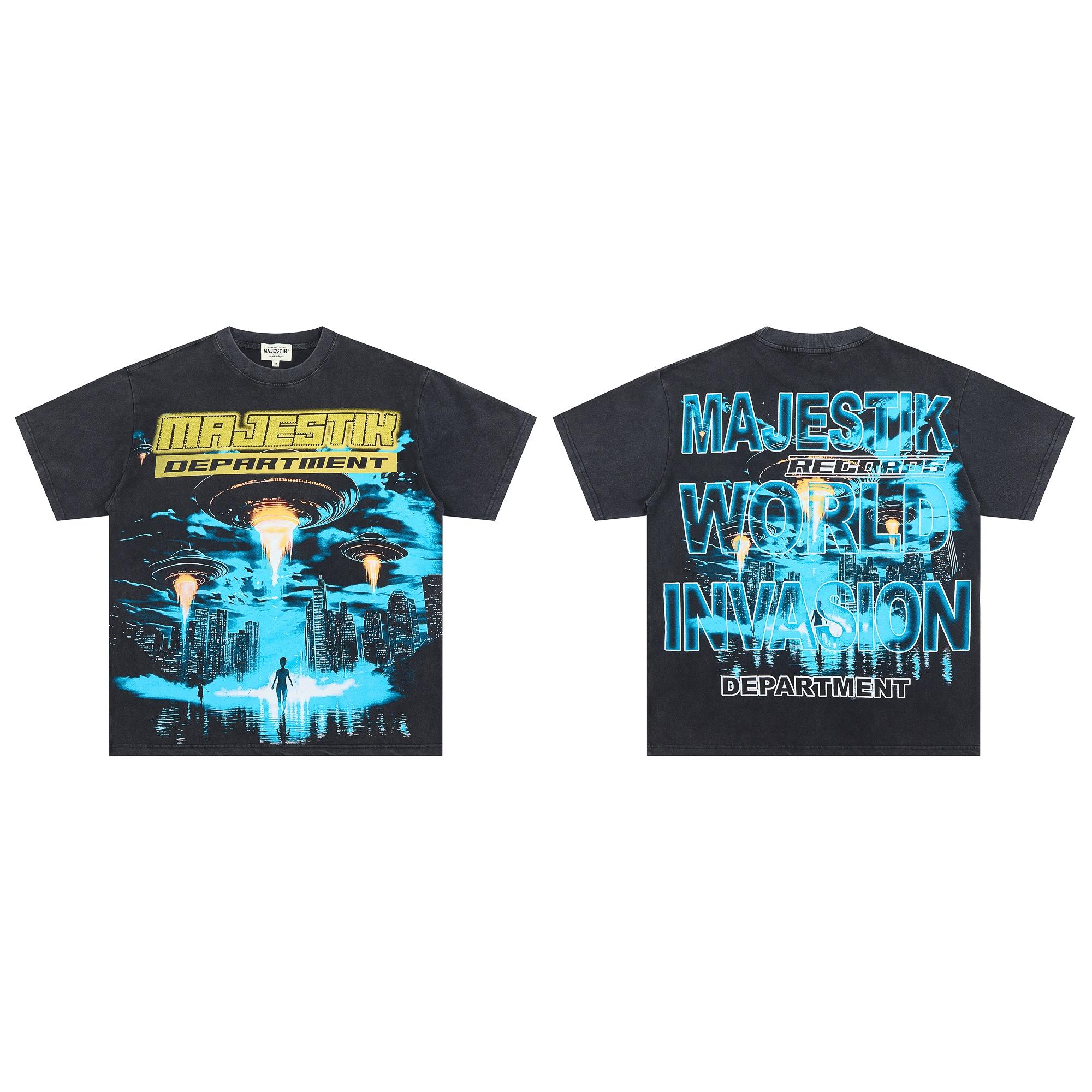 Majestik World Invasion UFO Alien City Print Vintage Washed T-shirt Men Y2K Hip Hop Oversized Double Sided Graphic Short Sleeve S