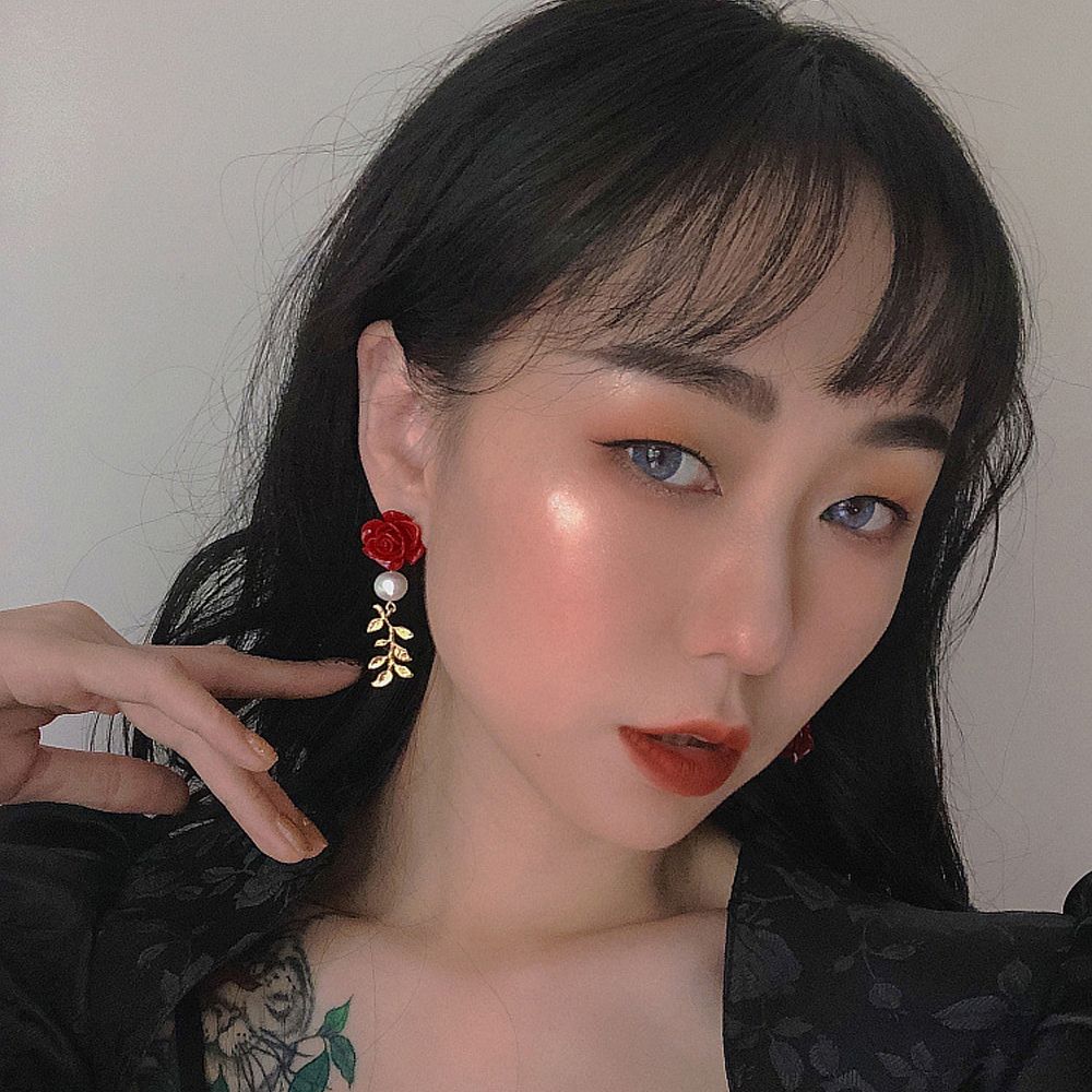 Asymmetric For Girls Pearl Women Stud Earrings Drop Earrings Korean Dangle Earrings Red Rose Flower
