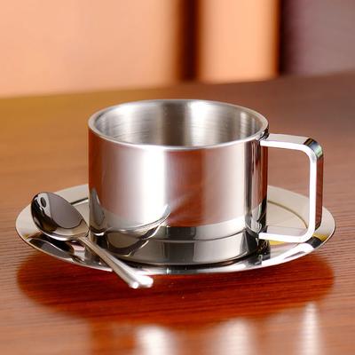 Kaffeetassen-Set aus Edelstahl, doppelwandig, hitzebeständig, mit Untertasse, Löffel, Getränkegeschirr, Küchen- und Café-Zubehör