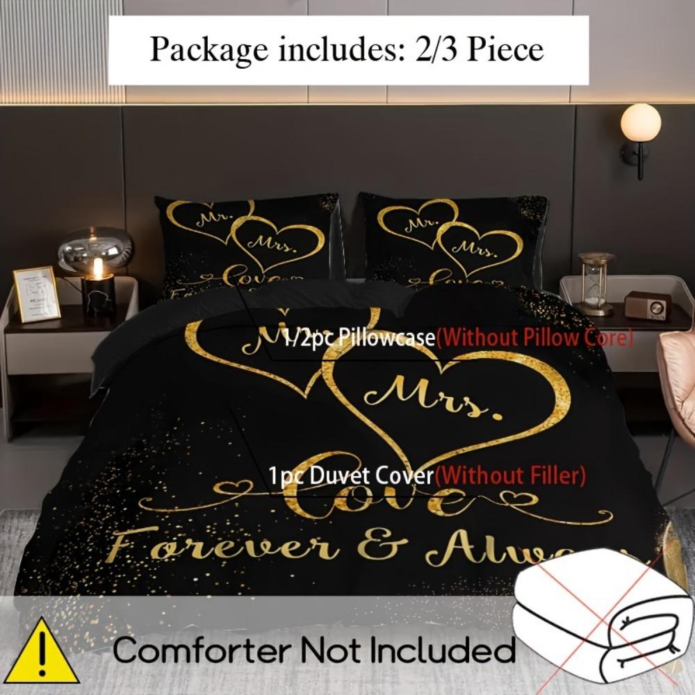 3pcs Black Golden Bedding Set Love Forever Printed Cozy Duvet Cover King Queen Twin Size Birthday Gift for Adult Bedroom Decor