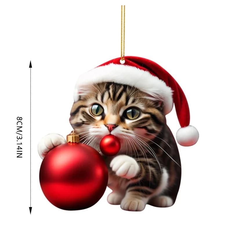 1-10PCS Christmas Acrylic Car Hanging Ornament Cat Santa Hat Tree Pendant Holiday Home Decoration Xmas Party Supplies