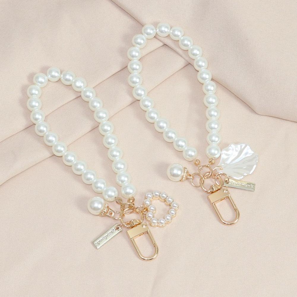 1pc Decorative Simple Imitation Pearl Mobile Phone Wristband with Cute Shell Heart-shaped Bracelet, Key Chain
