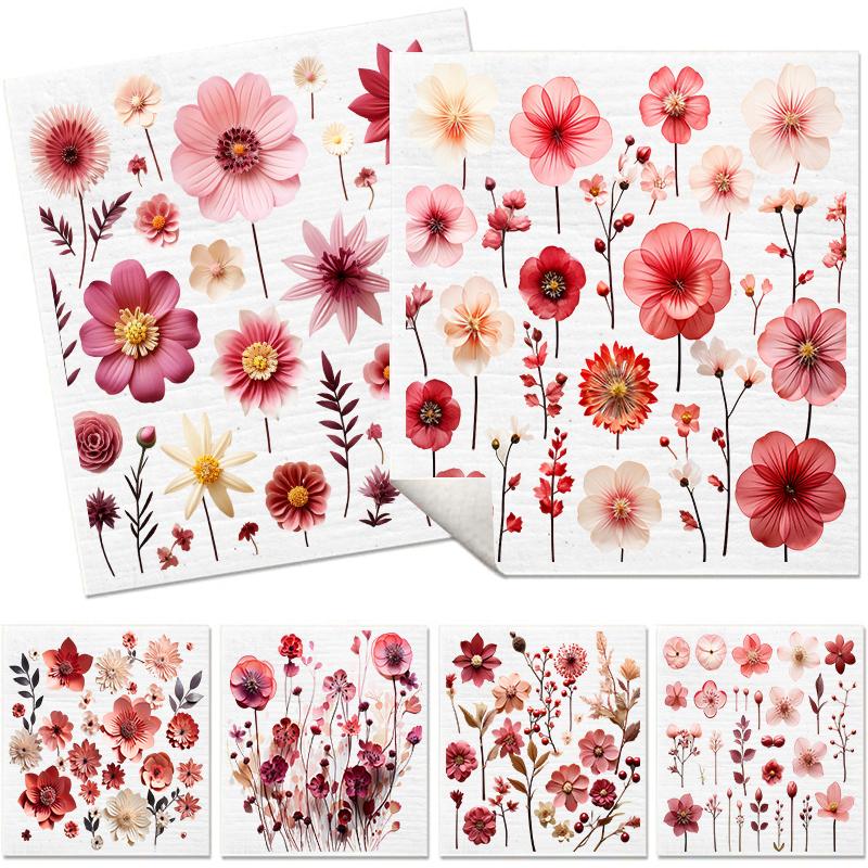 6PCS Red Flowers Print Swedish Dishcloths Eco-Friendly Kitchen Dish Rags Absorbent Dish Towels Reusable Washable Cleaning Cloth
