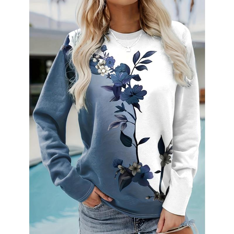 Women's Gradient Floral Digital Print Long Sleeve T-Shirt, Round Neck Loose Fit Top, Casual Versatile Pullover