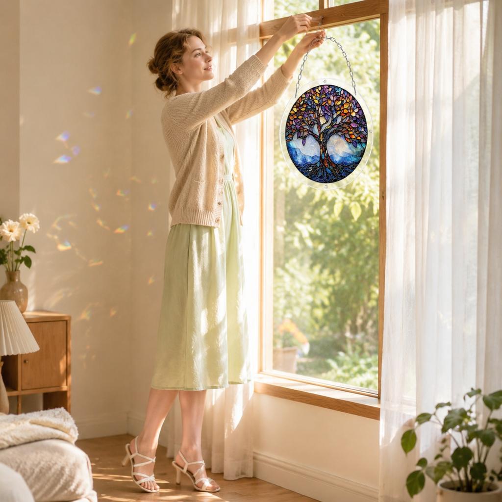 Round Tree of Life Hanging Window Decoration Acrylic Puzzle Sun Catcher Garden Ornament with Chain for Indoor Outdoor Display