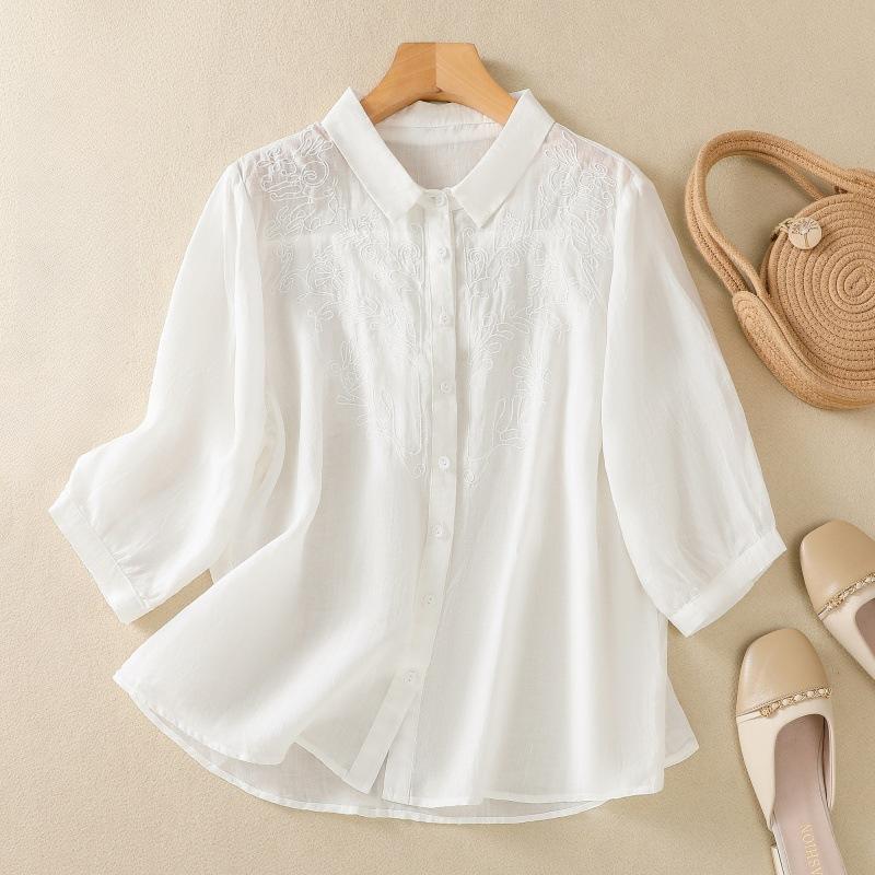 Summer Literature Loose Solid Color Heavy Embroidery Flower Short Sleeved Shirt Women's Shirt Top Blouses & Shirts