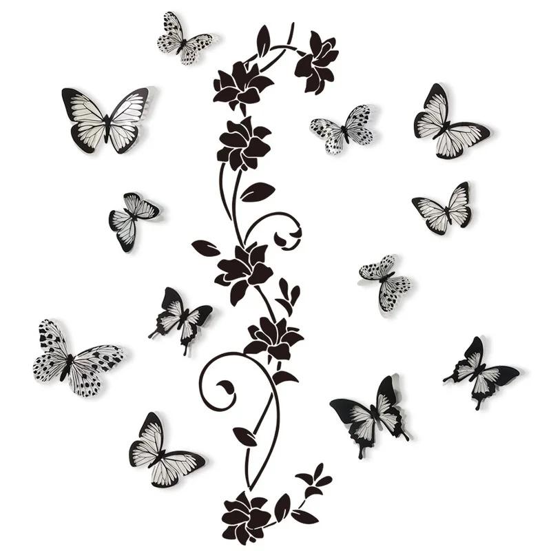 Fashion 3D Home Wall Fashion Decor Butterfly Wall Stickers Black Flower Rattan Living Room Background Room Wall Stickers Dark