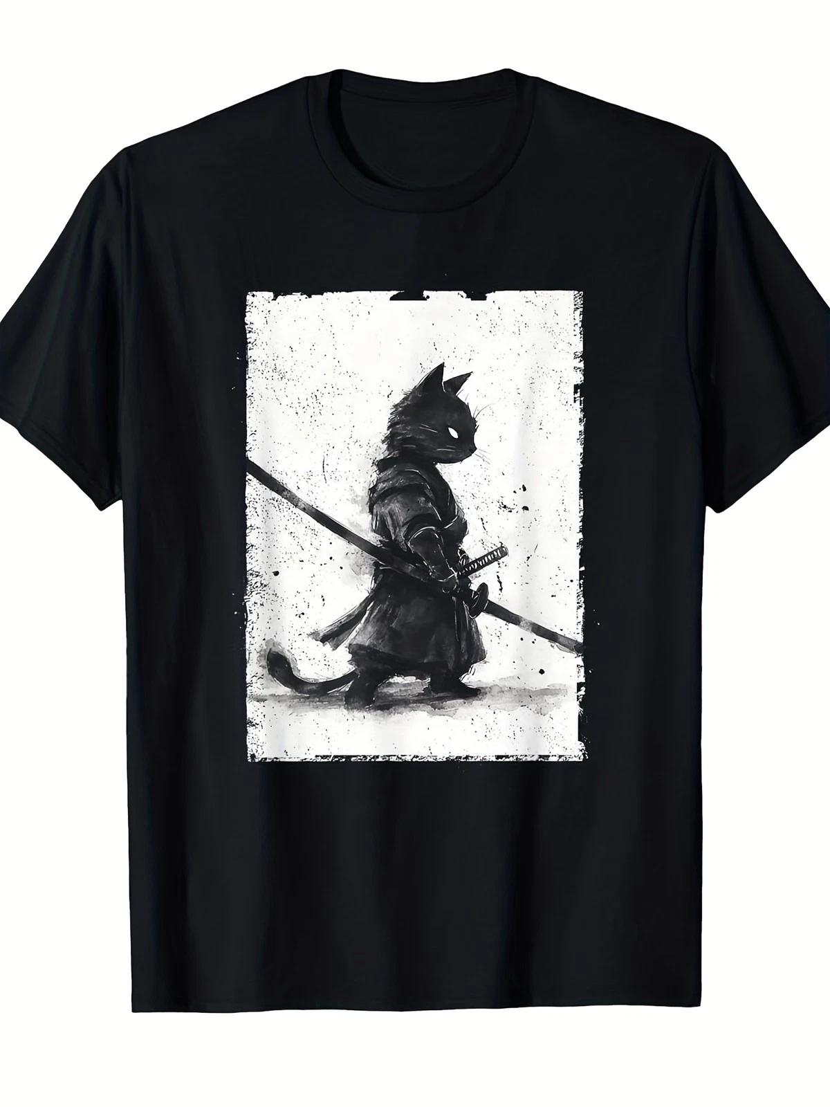 Vintage Ukiyo-e Samurai Cat Graphic T-Shirt Japanese Retro Art Tee S