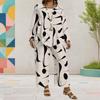 Women Plus Size Two Piece Set Round Neck Long Sleeve Black White Printed Layered Top Wide Leg Cropped Pants