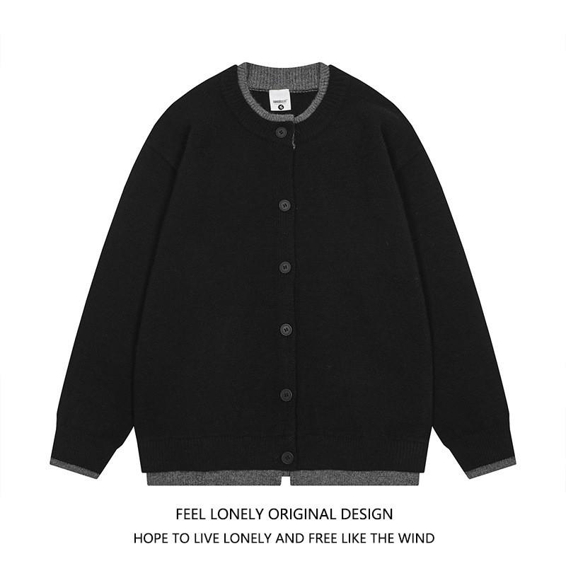 Vintage American Style Mock Two-Piece Knit Cardigan Loose Couple Sweater Fall