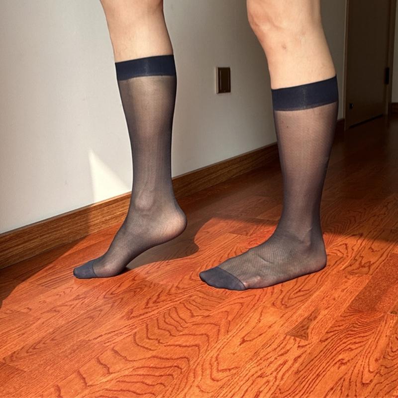 Men's Middle Calf Business Socks with Twill Pattern See Through Thin Nylon Dress Socks Stockings for Formal Occasion