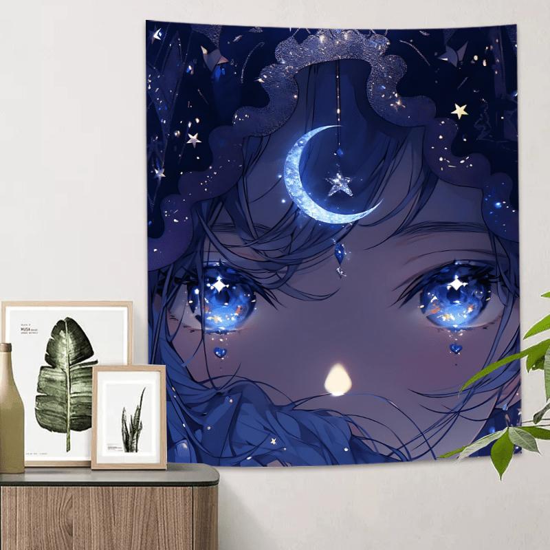 Starry Night Anime Girl Tapestry Vibrant Wall Hanging with Moon and Stars for Bedroom and Living Room Decor Perfect Gift