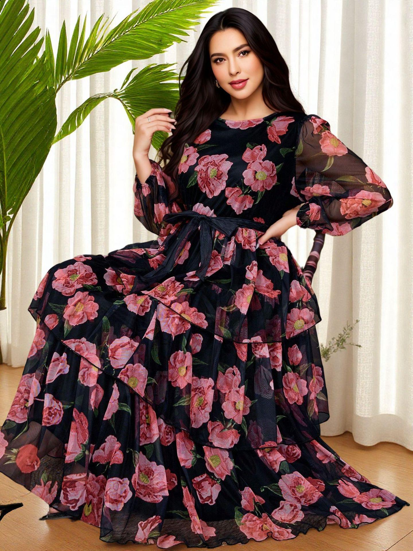 

Elegant Plus Size Black Skirt with Pink Floral Lantern Sleeves and Mesh Layers 0XL чорний