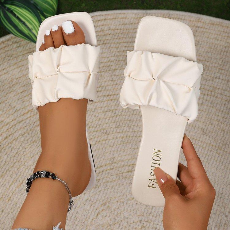 Large Size Open-toed Low-heeled Slippers Women's Summer New Fashion Pleated One-character Cool Slippers