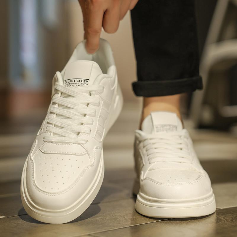 White Trendy Shoes Men's Shoes Sports Casual White Board Shoes Men's Leather Soft Sole Height Increasing Versatile