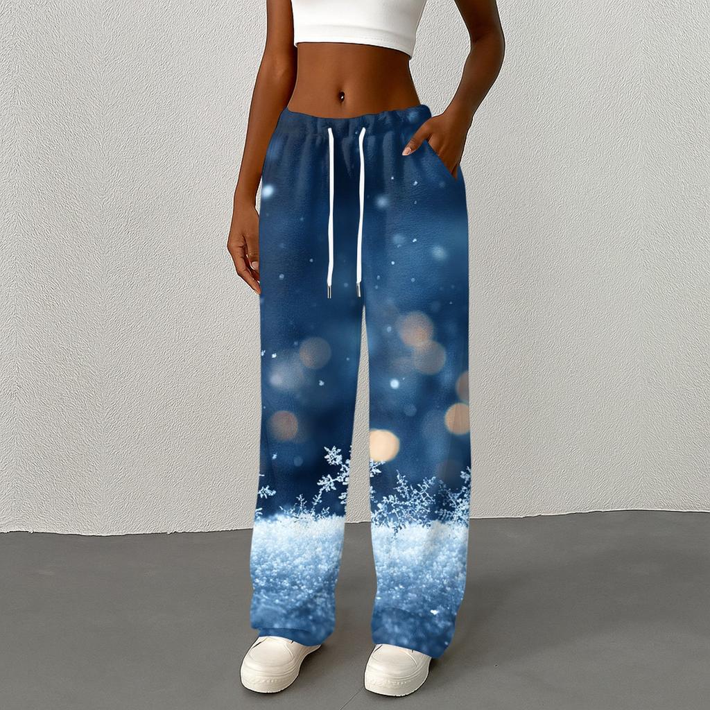 Women's Casual Christmas Print -Lined Loose Fit Straight Leg Pants with and Elastic Waist for Winter