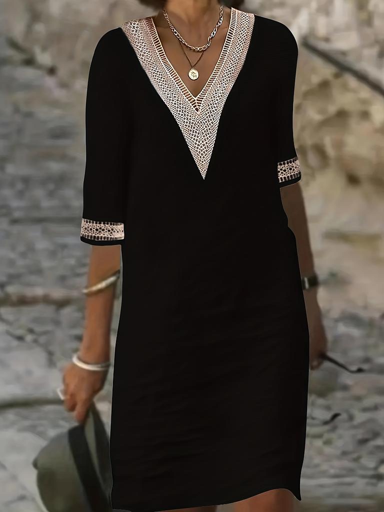 New Solid Color V-Neck Mid-Sleeve Cotton Elegant Dress