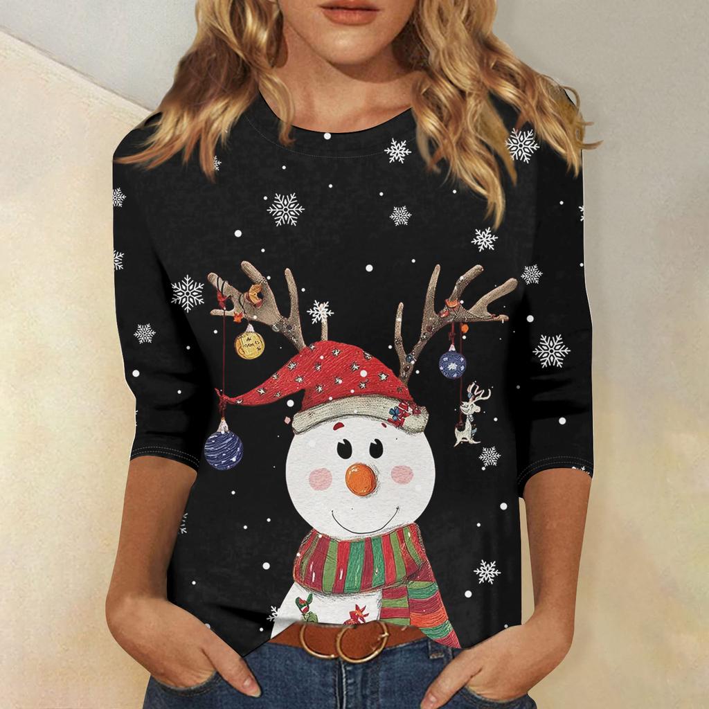 3/4 Sleeve Shirts For Women Print Christmas Tees Blouses Casual Plus Size Basic Tops Pullover