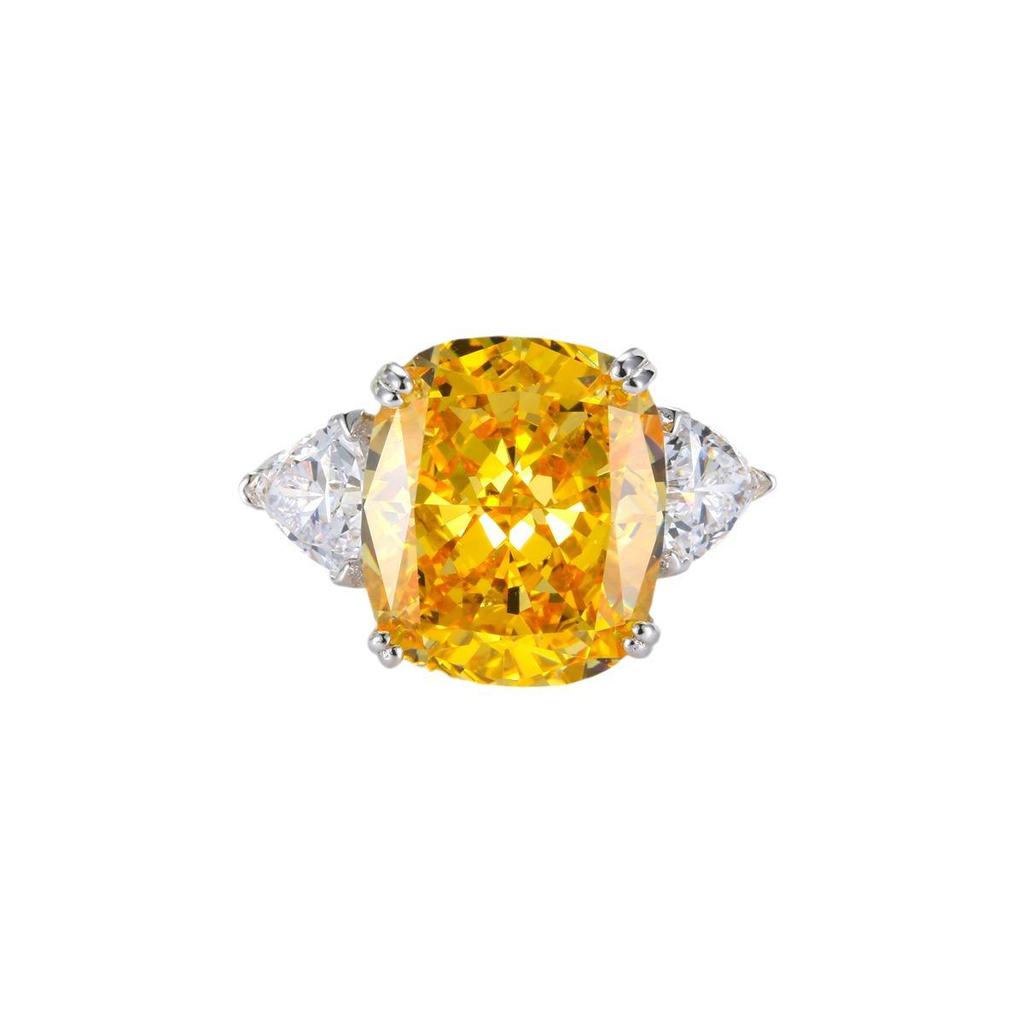 S925 Silver Radiant Cut 12 Carat Yellow High Carbon Diamond Cushion Ring with Simple Elegance