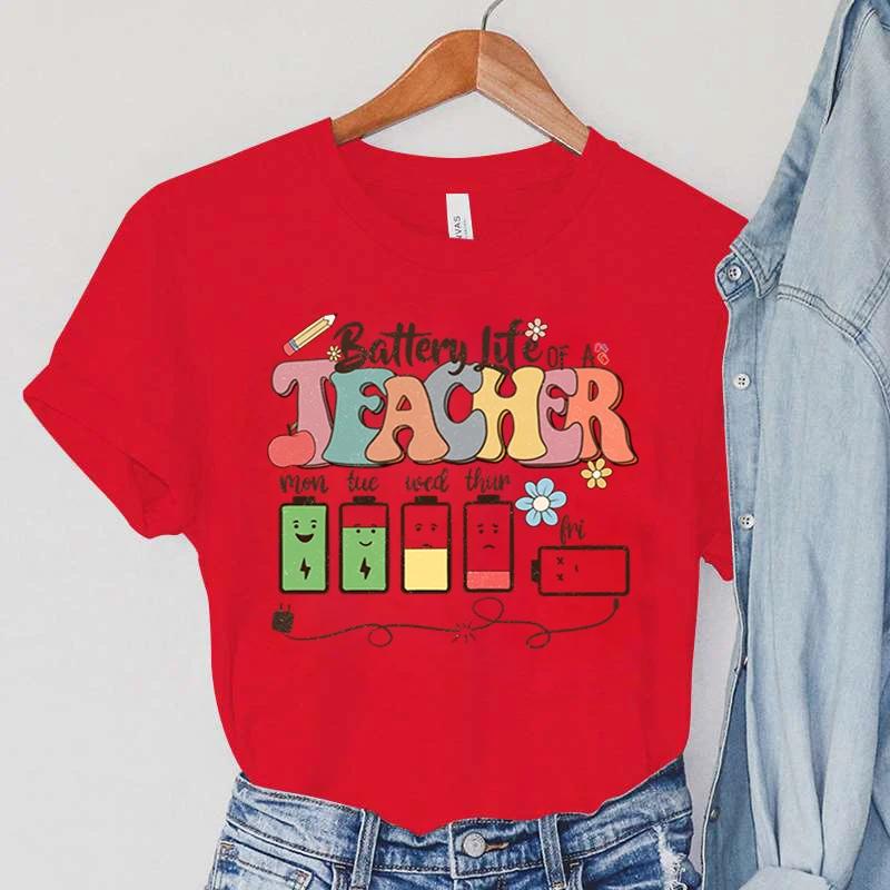 Battery Life of Teacher Print T Shirt Women Summer Tshirt Casual Female Tees for Lady Short Sleeve Kpop Y2k Tops Harajuku