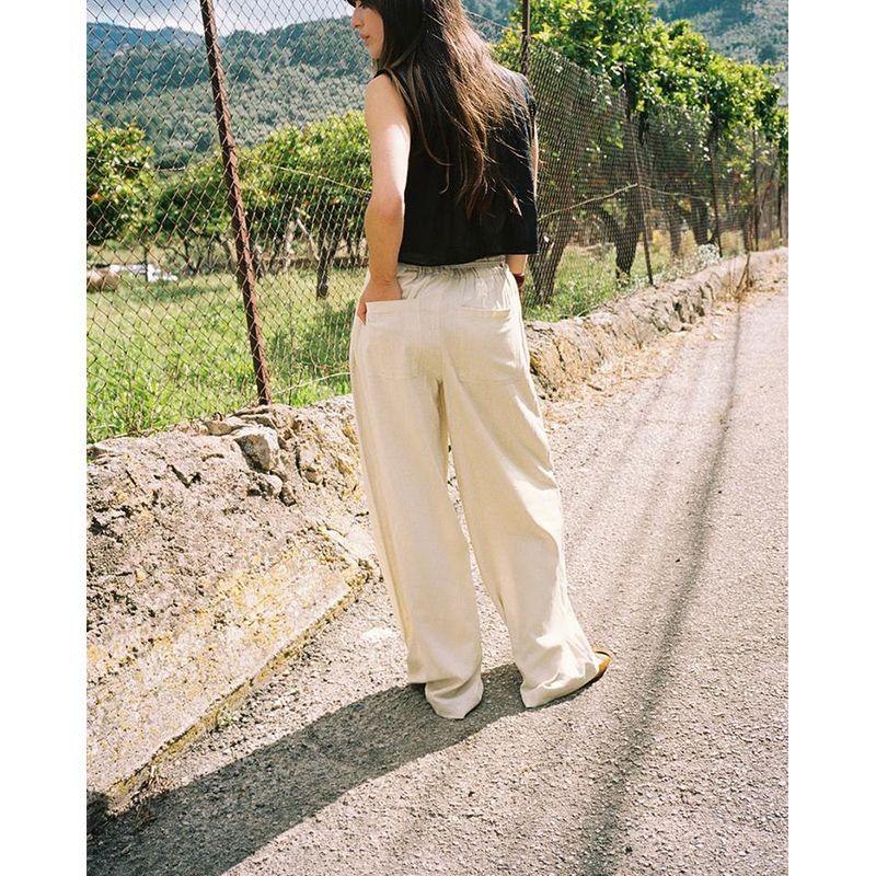 Summer New Product Women's Clothes Pleated Decorative Linen Blend Plaid High Waist Wide Leg Casual Trousers 4745024