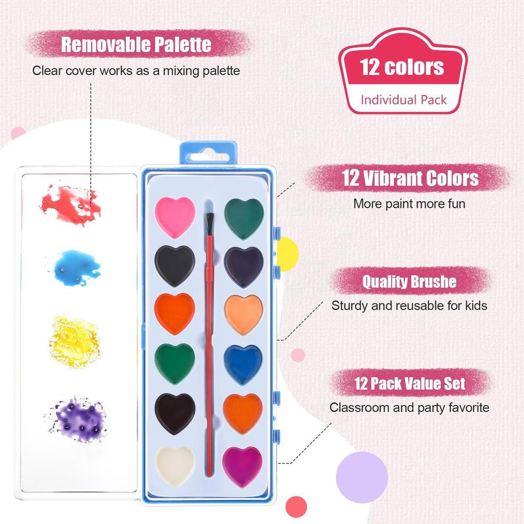 Heart Shaped Watercolor Paint Set Washable Non-Toxic for Kids Beginners, Classroom Homeschool Party, Valentine Birthday Gift Set