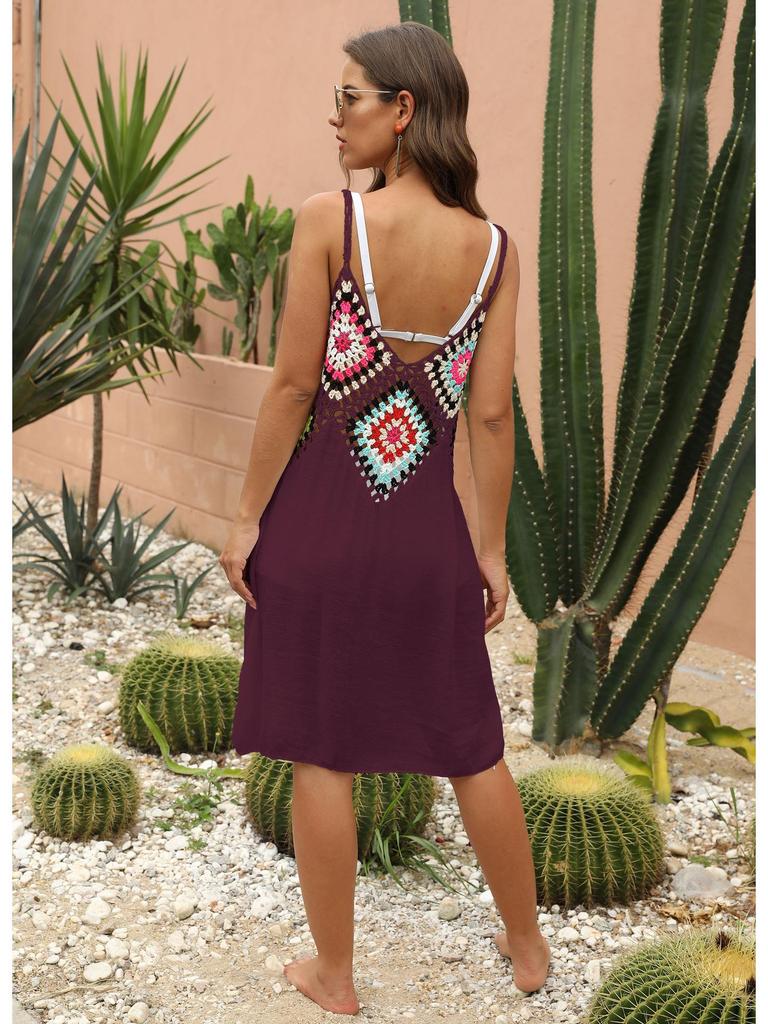 Women's Hand-Crocheted Flower Patchwork Sleeveless Beach Cover-up Dress