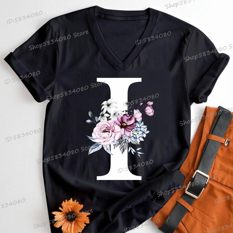 Letter B Floral T Shirts Women English Alphabet Birthday Gift Women 26 Initials Flower Classic Tops Tees Alphabet Floral Tshirt