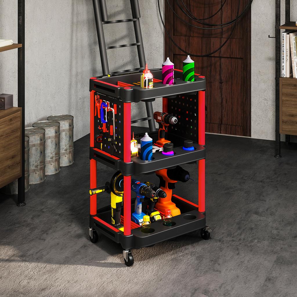 Tool Trolley. Three-tier Shelves. 4 Wheels. Plastic. 10 Hooks. Red