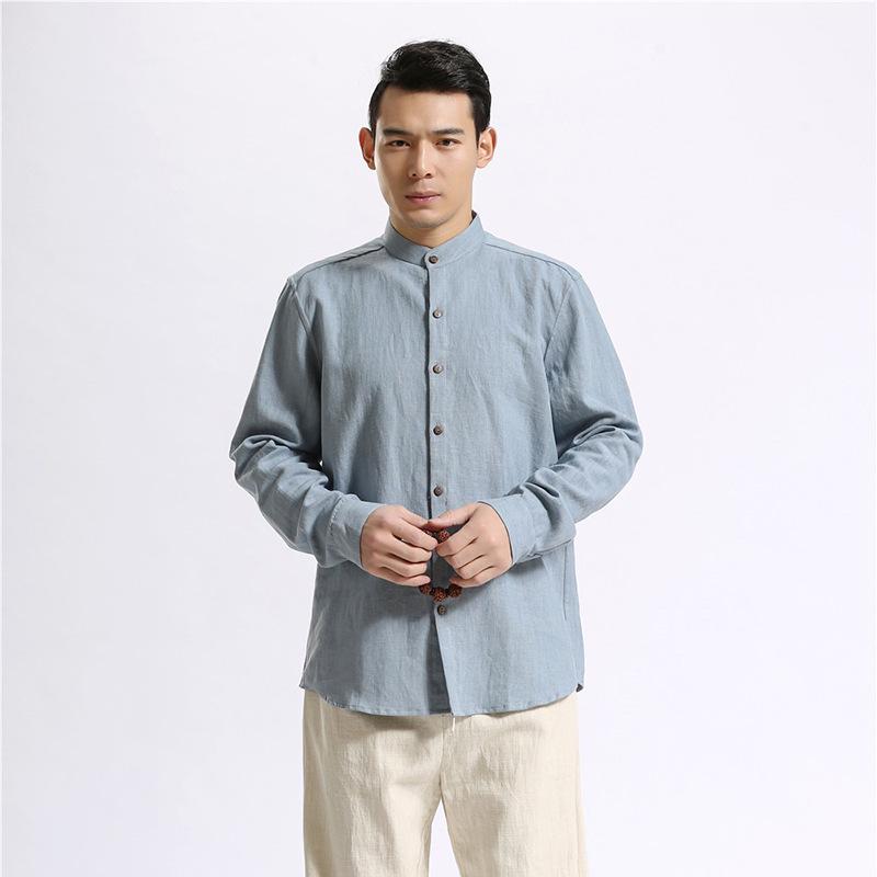 Ma Fan Buyi 2025 Chinese Style Men's Linen Shirt with Coconut Button and Stand Collar