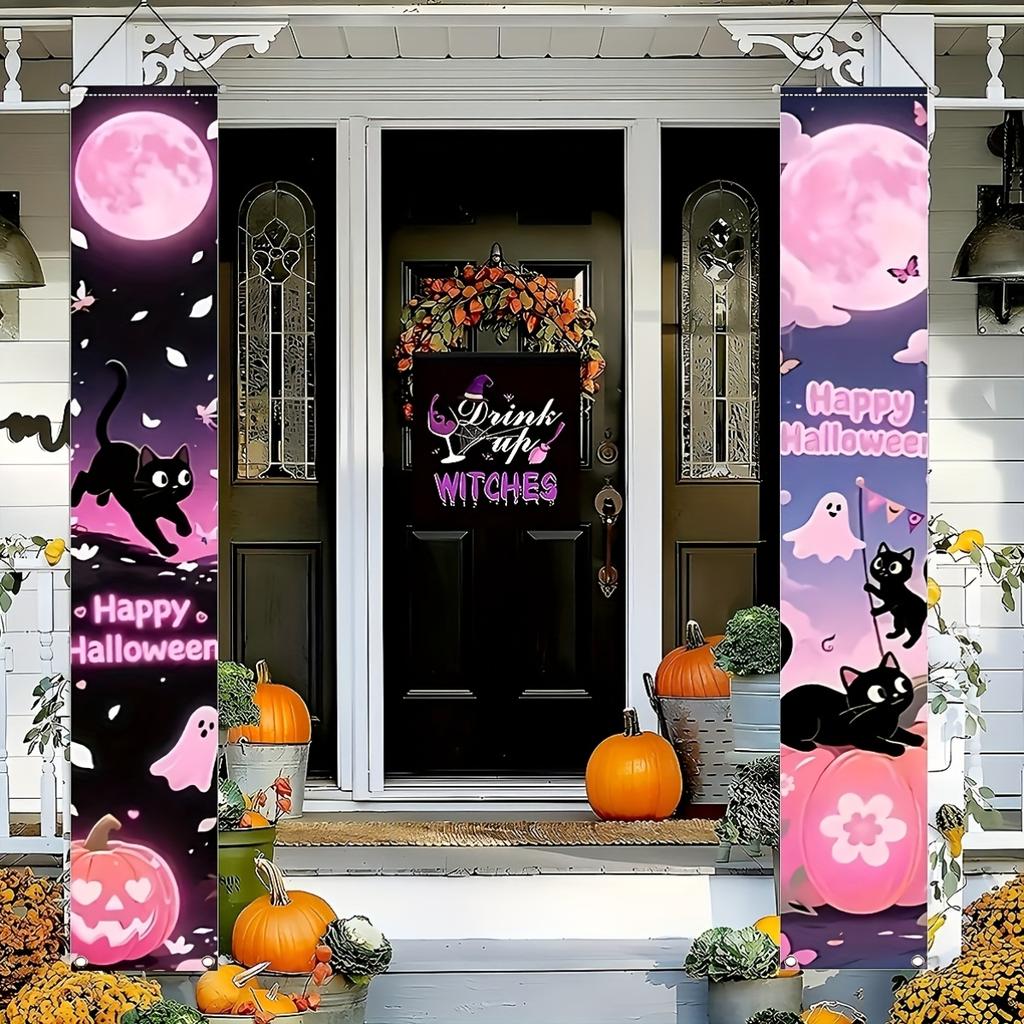Halloween Door Black Cat Pumpkin Ghost Vertical Hanging Sign Outdoor Front Porch Yard Holiday Halloween Party Decorations