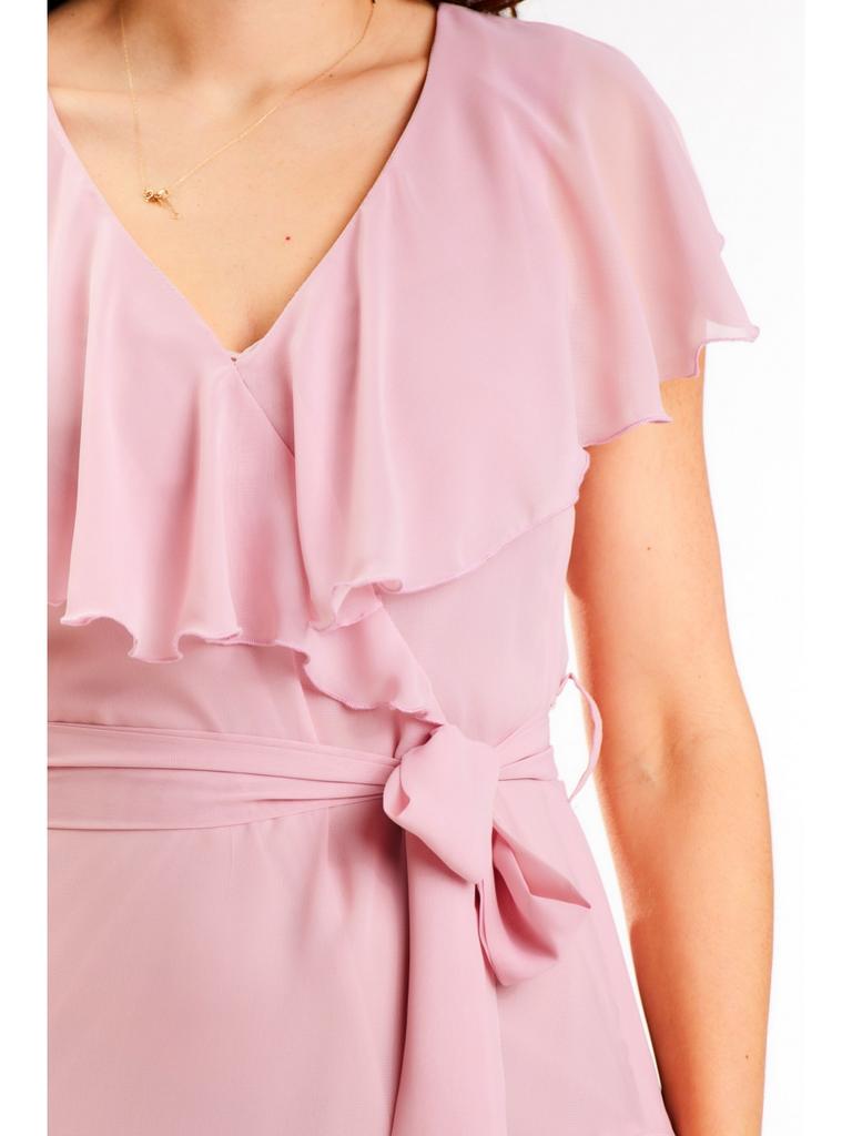 Asymmetrical Chiffon Dress with Ruffles, Powder Pink S