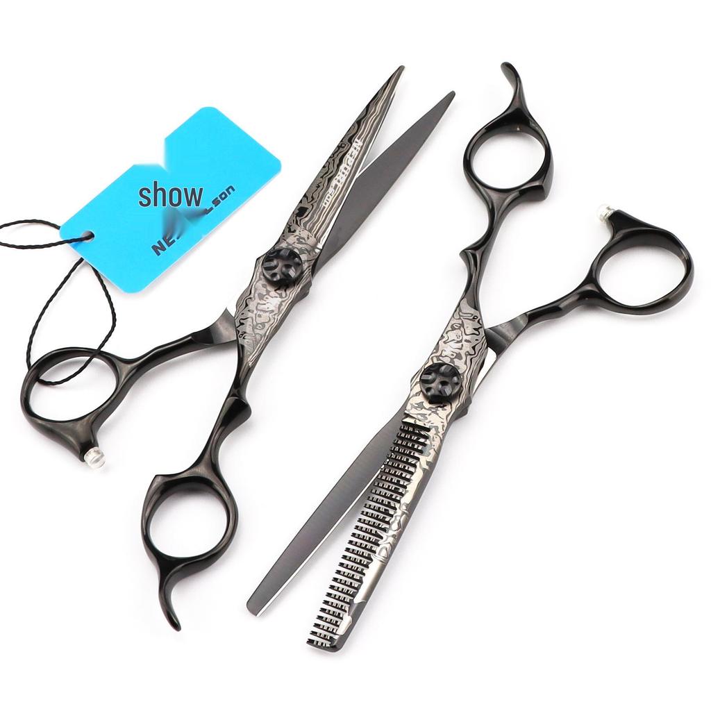 MCG-15 Black Damascus Hairdressing Scissors Set: Straight, Serrated, Thinning Scissors for Salons.