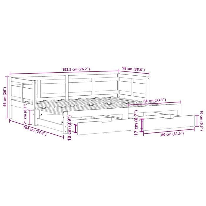 VidaXL Daybed and Trundle Bed and Drawers 90x190 Cm Solid Pine Wood, Sofa Bed, Guest Bed, Wooden Daybed, Bed 3302236