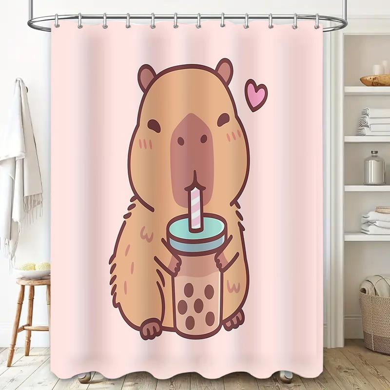 Cute Boba Tea Capybara Shower Curtain Set Funny Animal Bathroom Decor Washable Waterproof Fabric