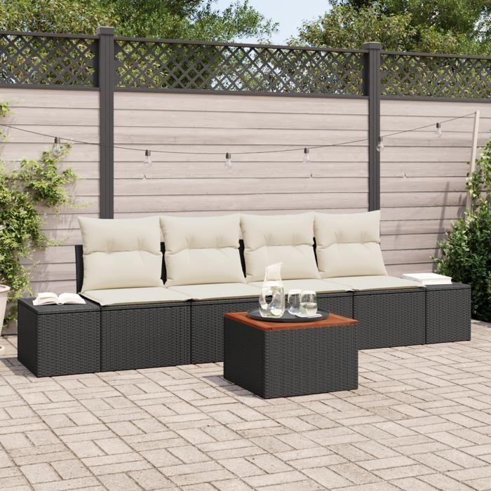 VidaXL Ensemble de canapé de jardin 5 pièces avec coussins noir poly rattan acacia 3356556